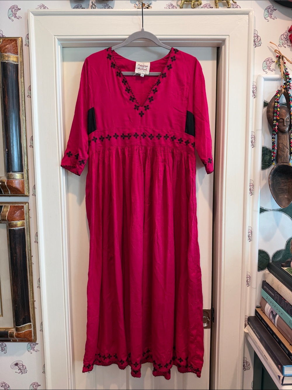 Handmade Fuchsia Embroidered V-Neck Maxi Dress